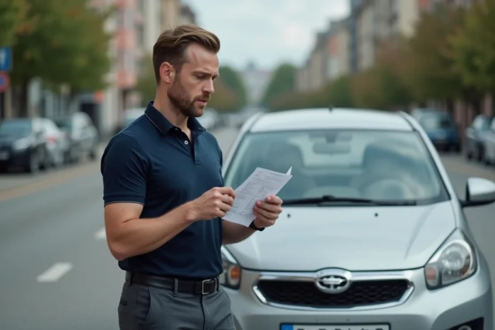 Homme debout près d'une voiture en ville consultant un document lié au financement CPF