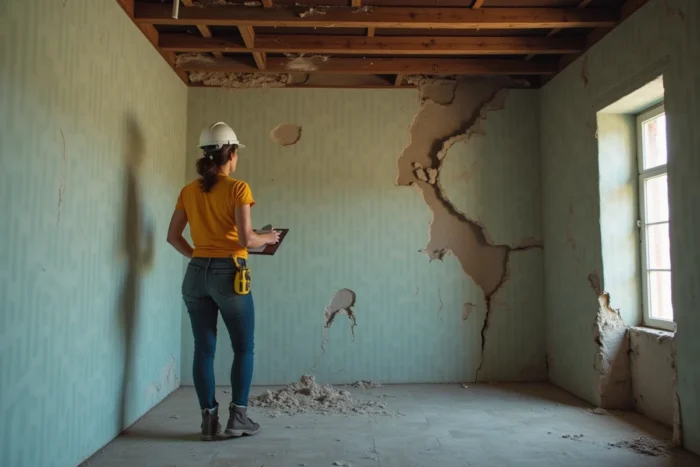 Femme inspectant l'état intérieur délabré d'un château abandonné lors d'un diagnostic immobilier