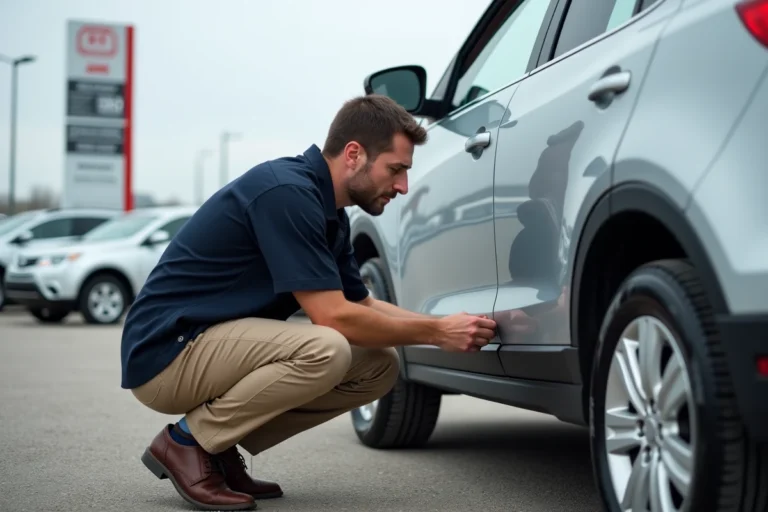 Inspecteur automobile examinant la carrosserie d'un SUV d'occasion dans un parking de concessionnaire