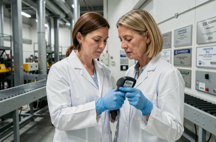 Inspectrice qualité vérifiant l'étiquetage et la traçabilité d'un produit dans une usine certifiée européenne