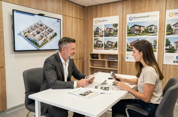 Intérieur d'un bureau de vente modulaire avec un conseiller immobilier présentant des plans à un couple d'acheteurs
