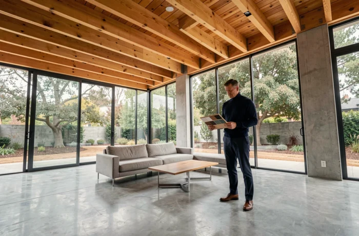 Intérieur résidentiel contemporain avec poutres en bois CLT et architecte examinant des échantillons de matériaux