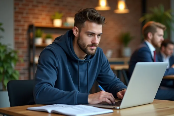 Jeune entrepreneur motivé travaillant sur son business en ligne dans un espace de coworking moderne