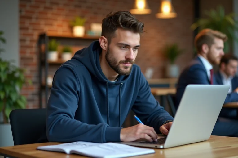 Jeune entrepreneur motivé travaillant sur son business en ligne dans un espace de coworking moderne