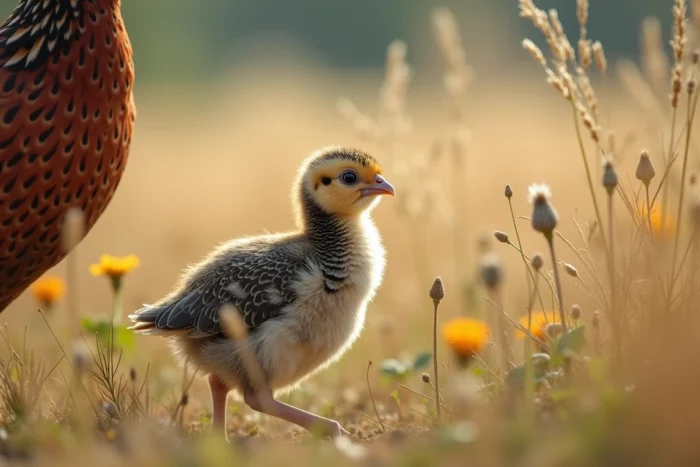 Jeune faisan en transition plumage aux côtés de sa mère dans une prairie rurale