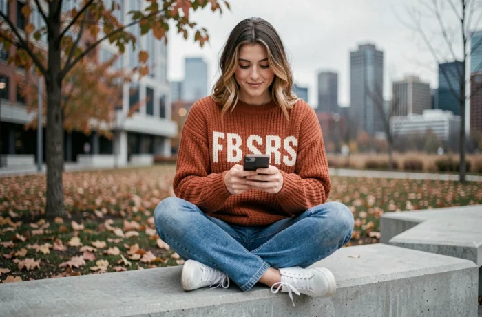 Jeune femme décontractée en pull FB Sister terracotta assise dans un parc urbain moderne en automne