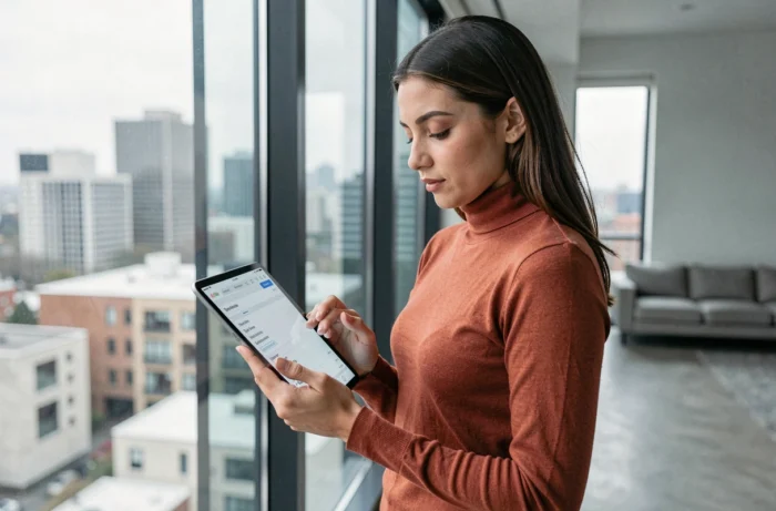 Jeune femme consultant la carte du site d'un news media sur une tablette près d'une fenêtre urbaine