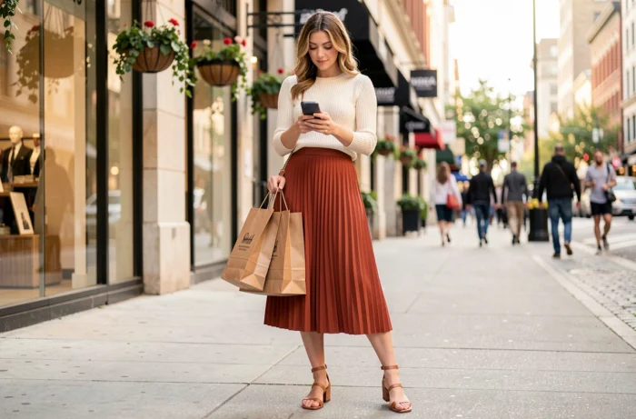 Jeune femme stylée en jupe plissée terracotta portant des sacs shopping dans une rue commerçante tendance