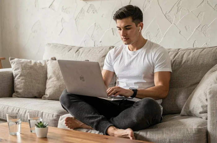 Jeune professionnel avec écouteurs sans fil et laptop dans un salon contemporain connecté
