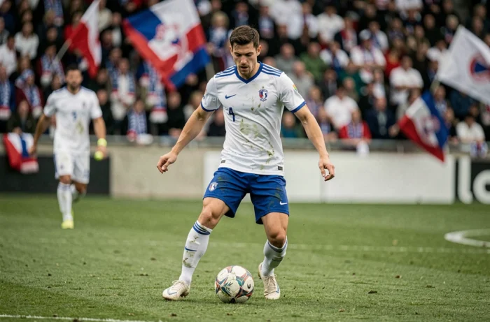 Joueur de football français en action contrôlant un ballon sur une pelouse de stade lors d'un match officiel