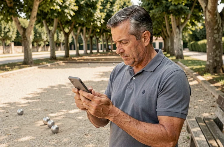Joueur de pétanque consultant ses points FFPJP sur smartphone sur un terrain de jeu en gravier