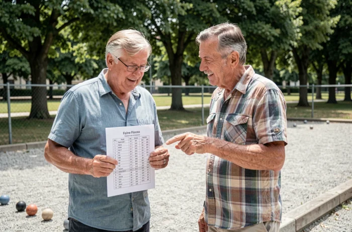 Deux joueurs de pétanque discutant d'un document de classement FFPJP sur un terrain en plein air