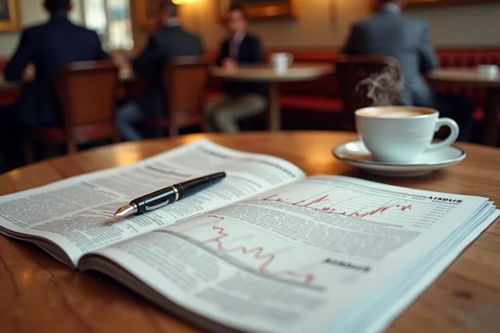 Journal financier ouvert sur l'analyse de l'action Airbus avec graphiques boursiers posé sur une table de café parisien