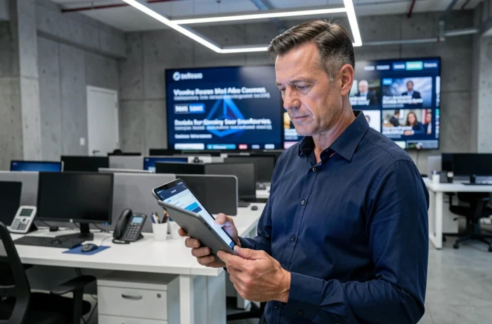 Journaliste consultant les rubriques d'un site d'information dans une salle de rédaction moderne
