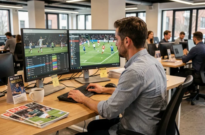 Journaliste sportif analysant des statistiques de foot français dans une salle de rédaction moderne