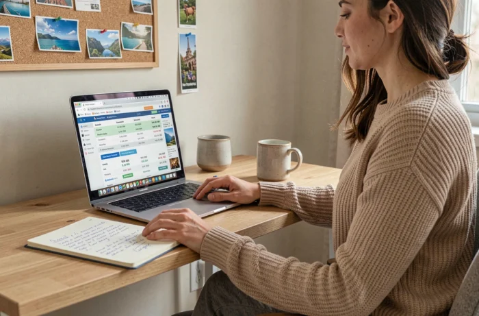 Femme comparant des prix de voyages sur plusieurs onglets de navigateur avec Kayak à son bureau à domicile