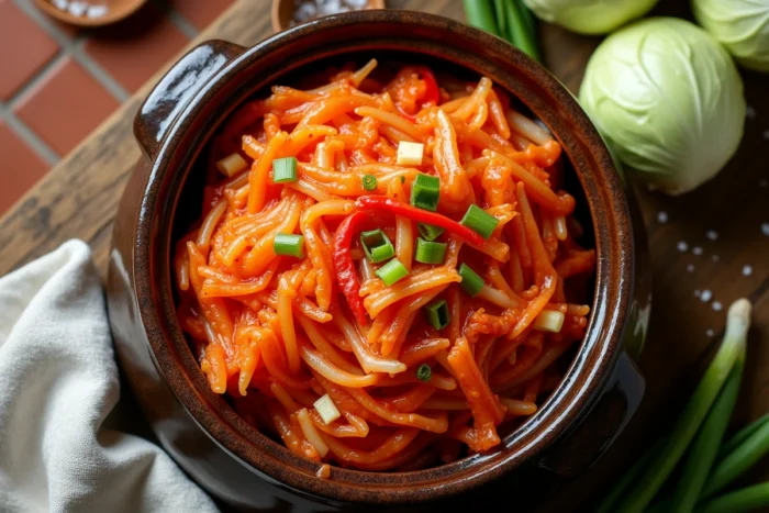 Crock en céramique remplie de kimchi maison fermenté avec du chou, du gochugaru et de l'ail, posée sur une table en bois rustique