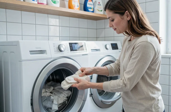 Femme chargeant des chaussettes délicates dans un lave-linge réglé sur basse température à 30 degrés