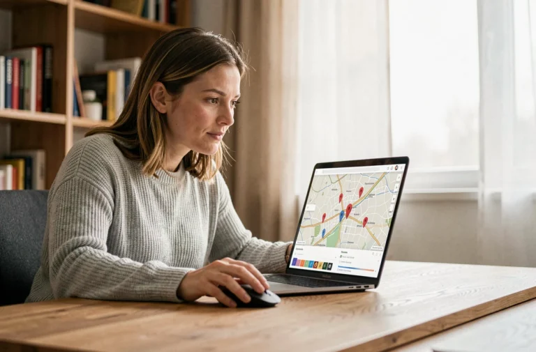 Femme utilisant un ordinateur portable pour localiser une personne via le wifi à son bureau à domicile