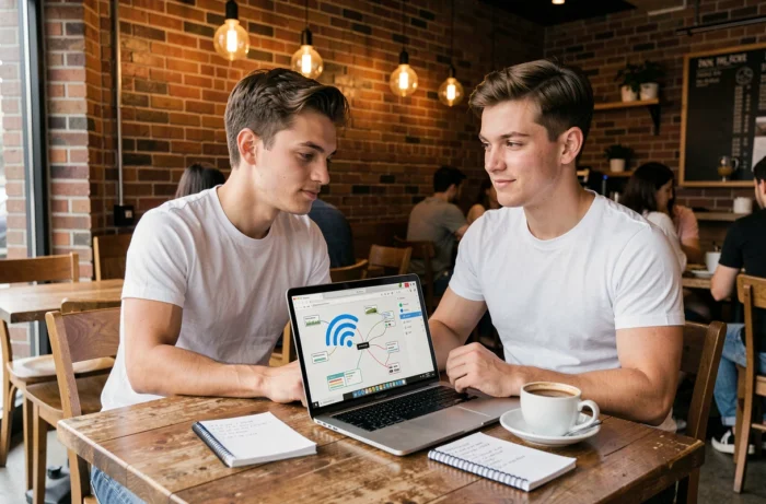 Personne dans un café utilisant un ordinateur portable pour comprendre la localisation par réseau wifi