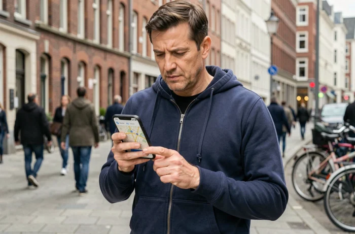 Homme dans la rue consultant une application de localisation wifi sur son smartphone en milieu urbain