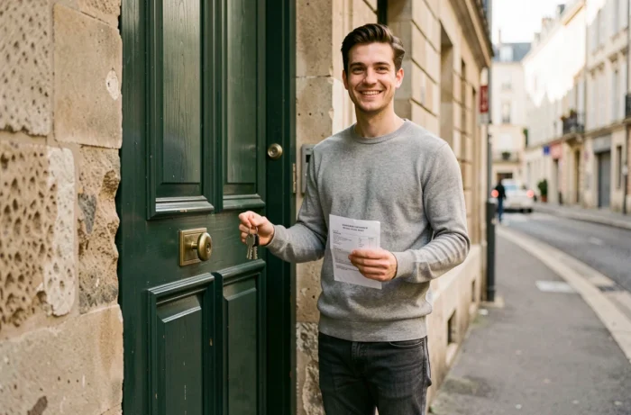 Jeune locataire tenant les clés de son appartement avec un contrat de bail court terme renouvelable