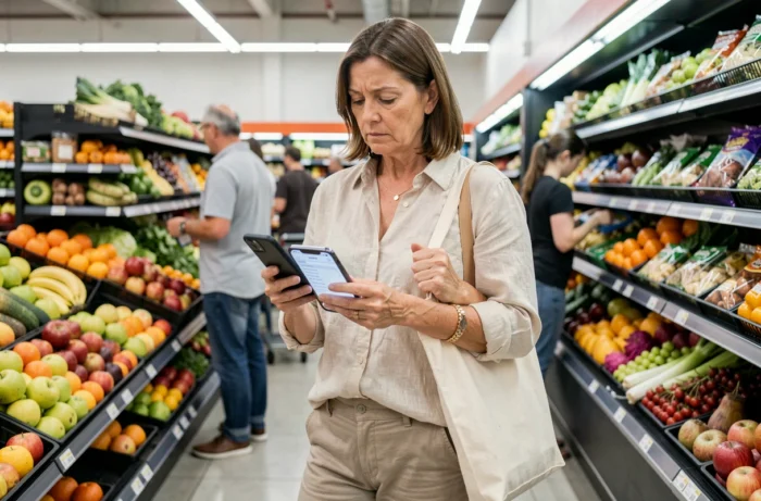 Maman faisant les courses au supermarché avec une liste de courses sur son téléphone