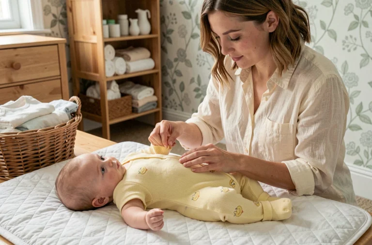 Jeune maman habillant son bébé de 6 mois dans une grenouillère jaune pastel dans une chambre de bébé cosy avec mobilier en bois naturel