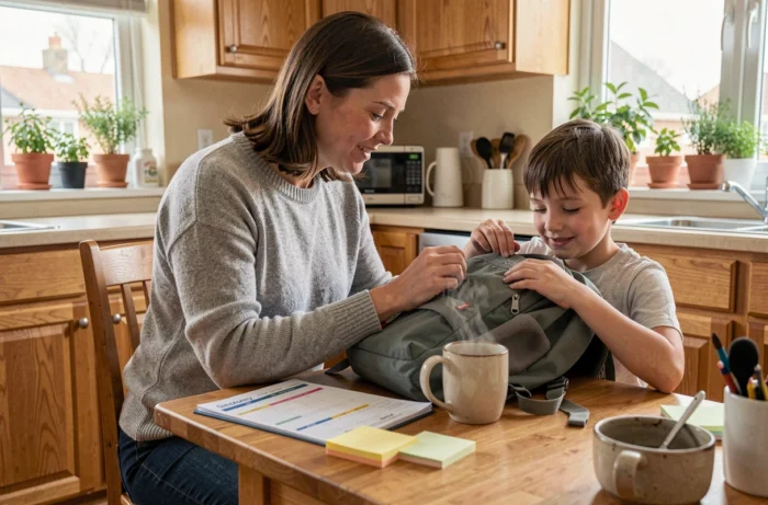 Maman aidant son fils à préparer son cartable à la table de la cuisine avec un planning familial