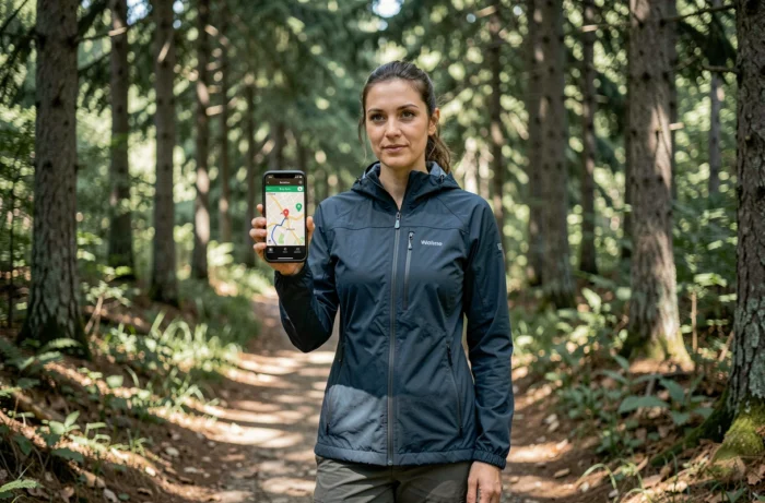 Randonneuse consultant une carte hors ligne Maps.me sur son téléphone au milieu d'une forêt sans connexion