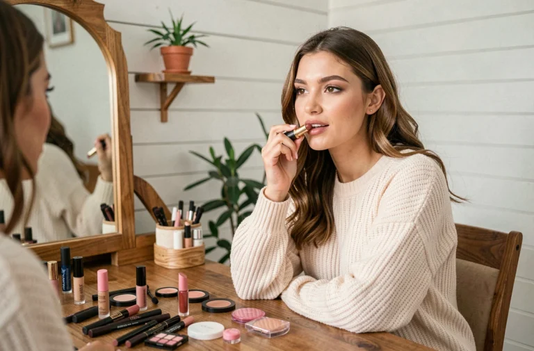 Jeune femme appliquant un rouge à lèvres abordable devant une coiffeuse couverte de produits cosmétiques pas chers