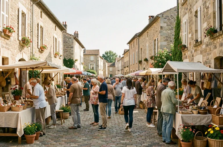 Marché local animé sur une place de village français avec des habitants découvrant des produits artisanaux lors d'un événement communautaire