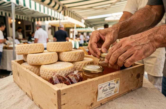 Gros plan sur des spécialités sardes au marché de Porto Torres : fromages pecorino, miel local et safran présentés sur une table en lin
