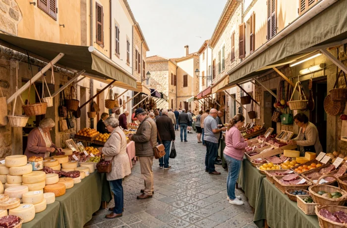 Vue large d'une rue animée du marché de Porto Torres avec des étals de fromages, charcuteries et artisanat sarde entourés de bâtiments en pierre