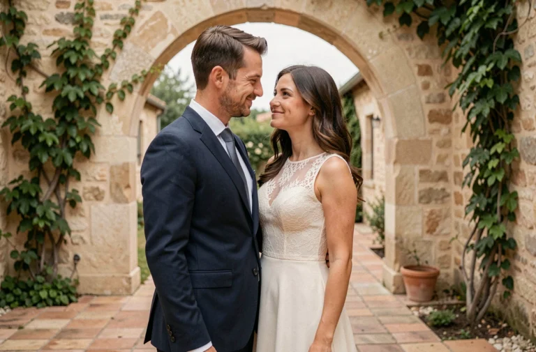 Couple élégant lors d'un mariage discret dans une cour de ferme provençale en pierre, ambiance intime et champêtre