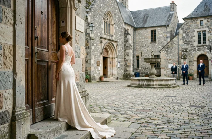 Mariée de dos devant une vieille église de village français en pierre, atmosphère discrète et intime lors d'un mariage confidentiel