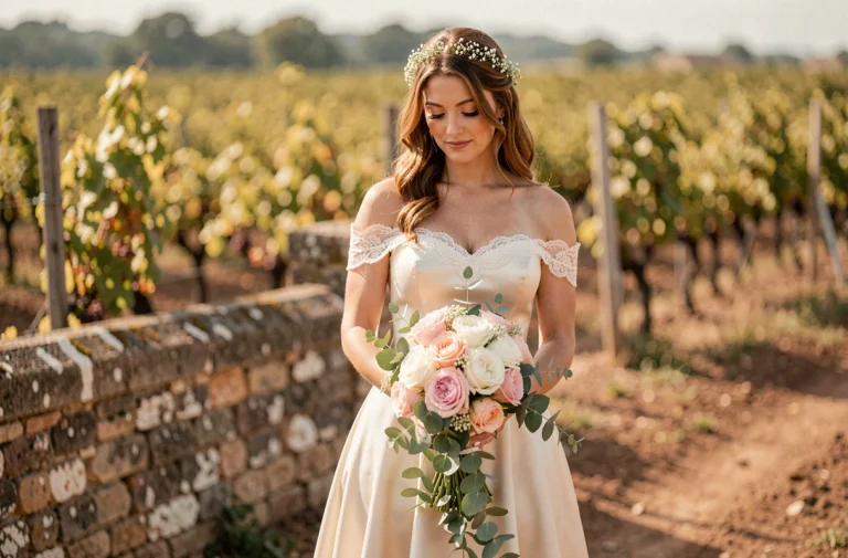 Mariée en robe de soie ivoire tenant un bouquet de roses dans un vignoble provençal en 2024