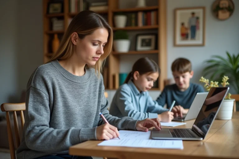 Mère de famille consultant des documents CAF sur allocations familiales à la maison avec ses enfants adolescents en arrière-plan