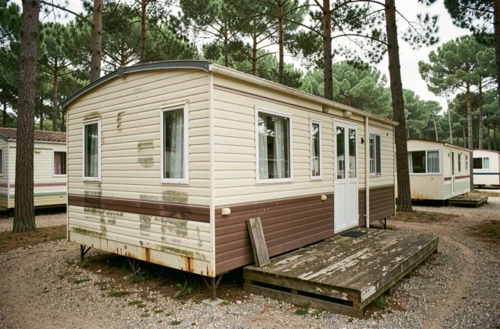 Mobil-home ancien de plus de 20 ans avec façade vieillie sur un camping en France entouré de pins