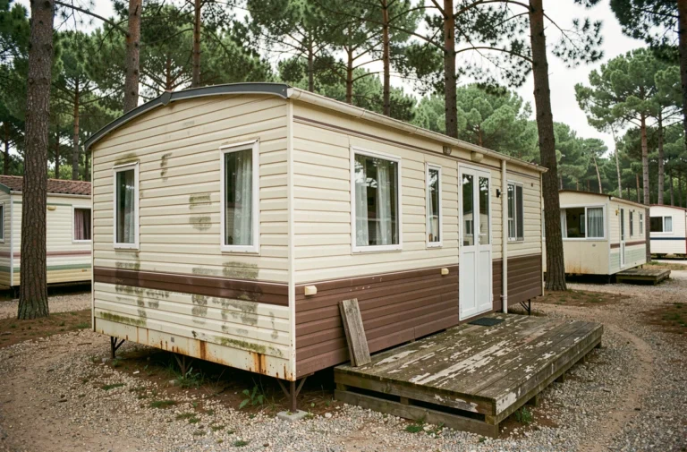 Mobil-home ancien de plus de 20 ans avec façade vieillie sur un camping en France entouré de pins