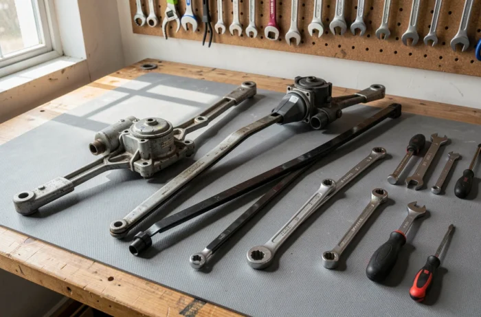 Moteur et mécanisme d'essuie-glace arrière d'Audi A4 démontés sur un établi de garage avec des outils