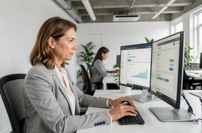 Professionnelle analysant les statistiques de délivrabilité d'emails sur un ordinateur de bureau en open space