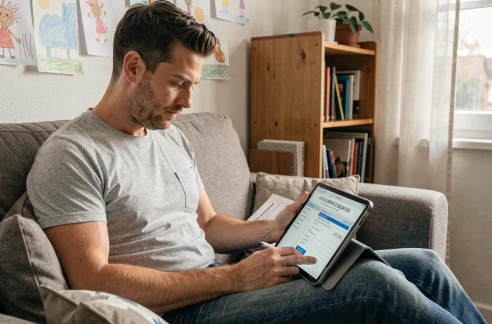 Père célibataire remplissant une simulation de quotient familial sur tablette dans son salon