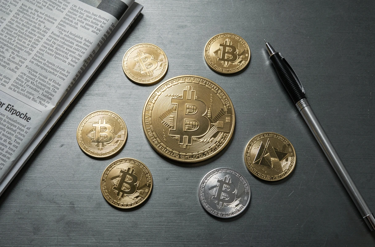 Pièces de crypto-monnaie Bitcoin et altcoins posées sur une surface métallique avec journal financier