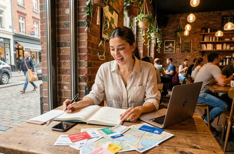 Jeune femme planifiant un voyage dans un café avec cartes, smartphone et ordinateur portable sur une table en bois