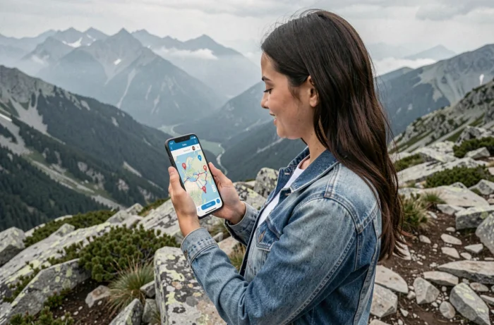 Voyageuse consultant l'application Polarsteps pour retracer son itinéraire sur un belvédère montagneux