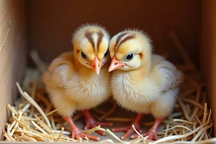 Deux poussins de faisan d'une semaine blottis sur de la paille dans un élevage artisanal