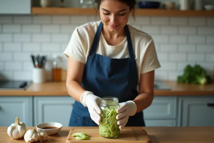 Femme préparant du kimchi maison en pressant le chou fermenté dans un bocal en verre avec des gants, cuisine moderne