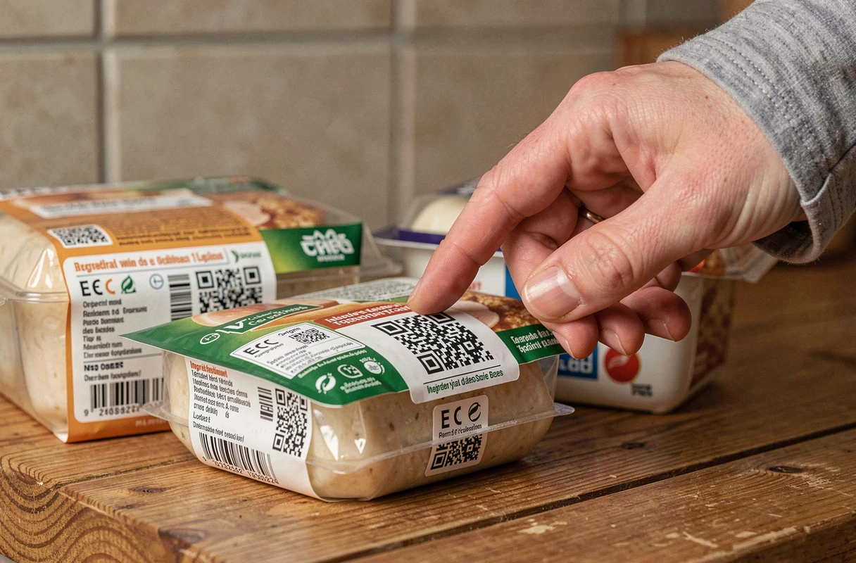 Produits de consommation avec étiquettes de traçabilité et codes QR certifiés EEC disposés sur une table en bois