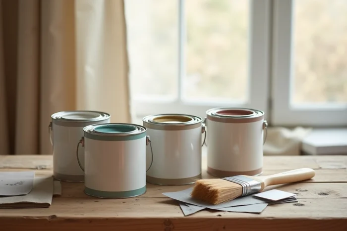 Produits Libéron disposés sur une table en bois : pots de peinture, pinceaux et fiches de couleurs